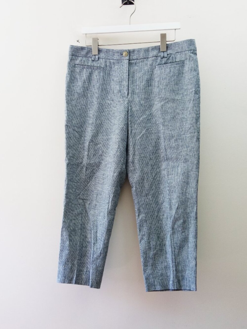 Ann Taylor The Cotton Crop Linen Mid Rise Dress Pants Grey Stripes (12 Petite)